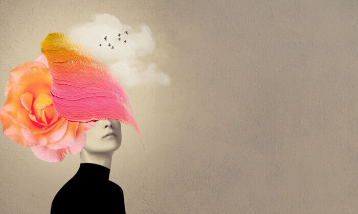 Abstrakte zeitgenössische Kunst Collage Porträt einer jungen Frau mit Blumen im Gesicht verbirgt ihre Augen